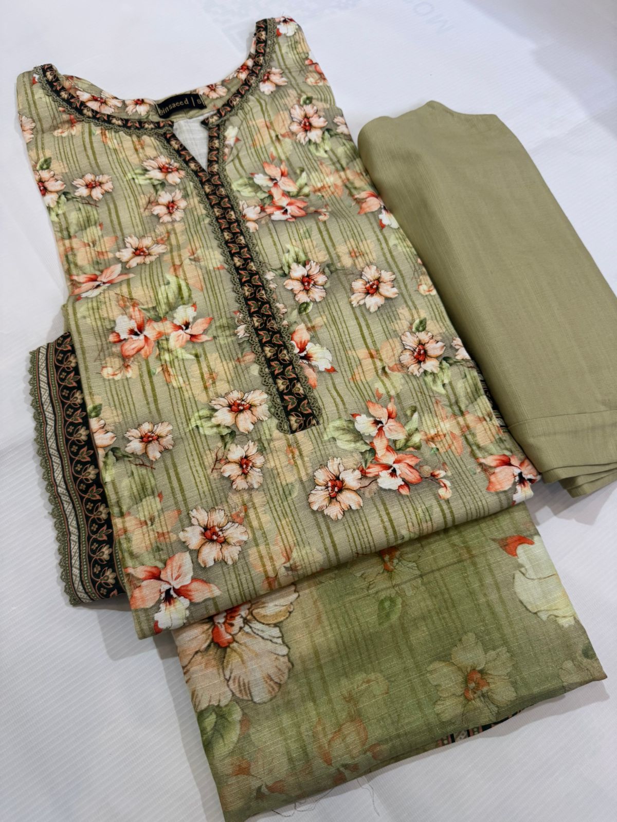 Bin-saeed khaddar stitched 3 piece medium and large olive green