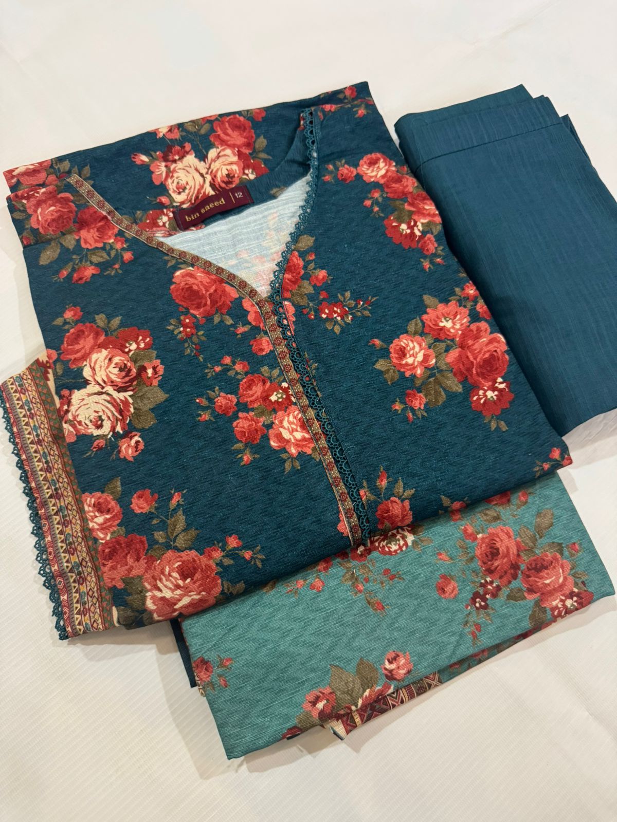 3 piece khaddar BIN saeed vibrant peacok design