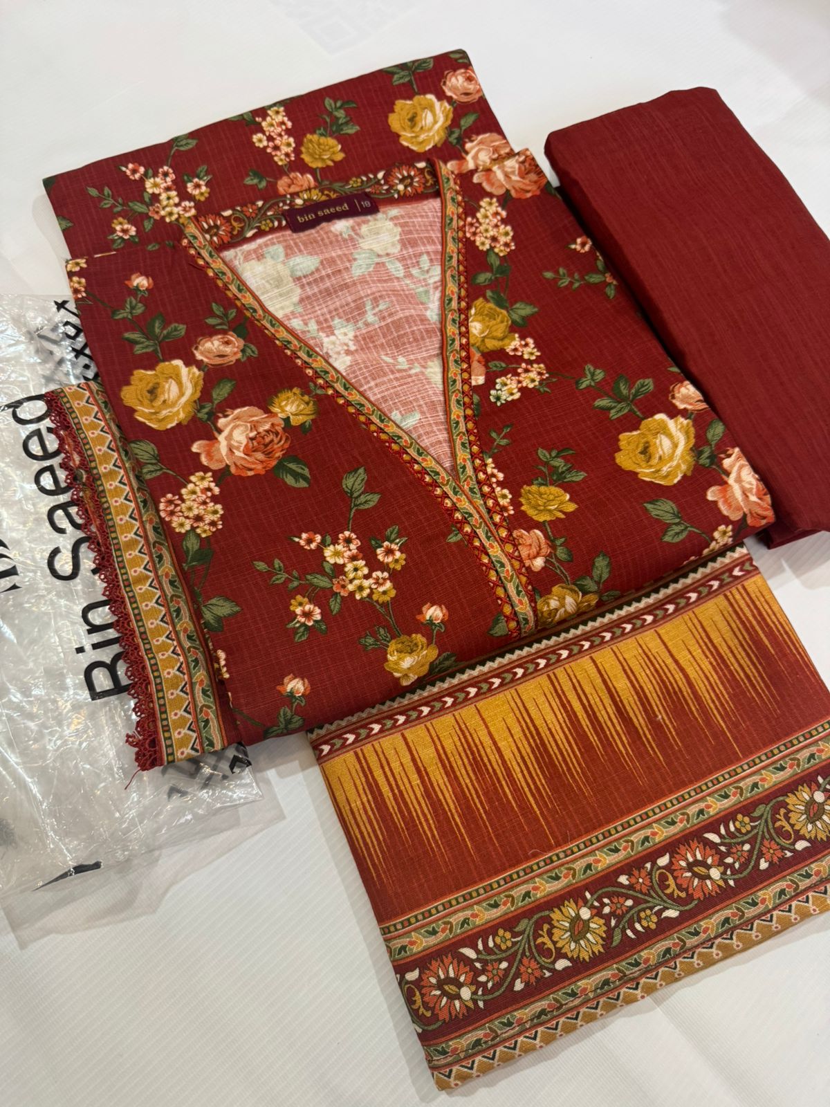 Bin Saeed 3 piece khaddar rich maroon floral print