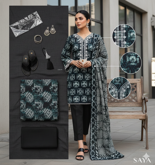 saya 3 piece Lawn with  embroided  neckwith patches