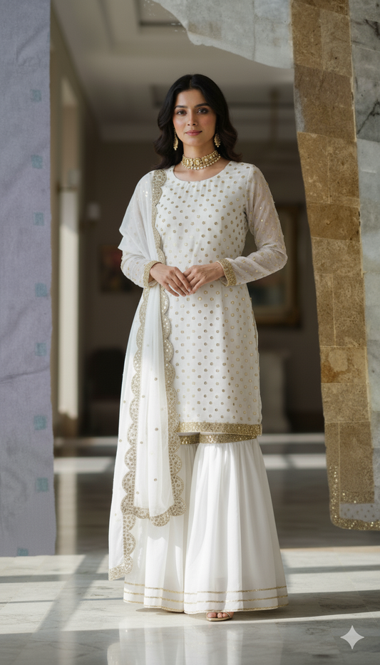 Elegant Ivory & Gold Embroidered Gharara Suit