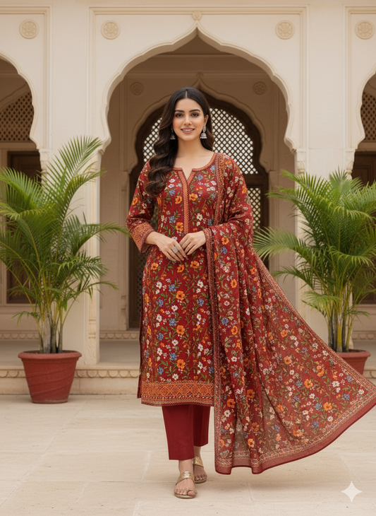 3 piece khadddar Bin Saeed classic maroon floral print