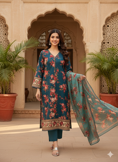 3 piece khaddar BIN saeed  vibrant peacok design