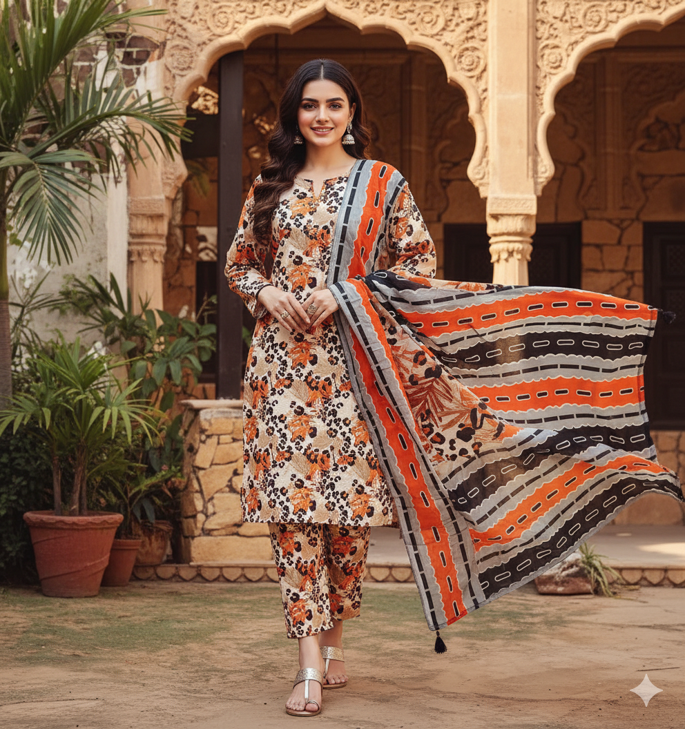 Contemporary Animal & Leaf Print Suit with Bold Striped Dupatta Regalia print 3 piece Lawn stuff