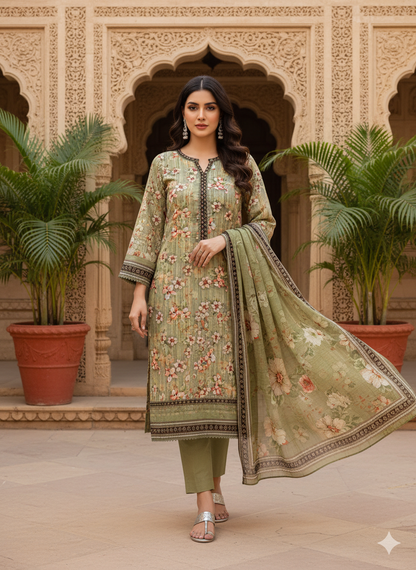 Bin-saeed khaddar stitched 3 piece medium and large olive green