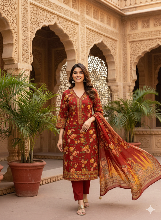 Bin Saeed 3 piece khaddar rich maroon floral print