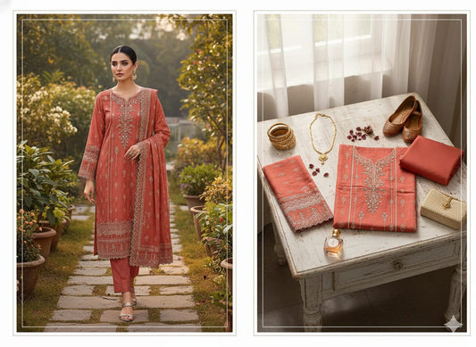 Binsaeed orange khaddar stuff embroided 3 piece