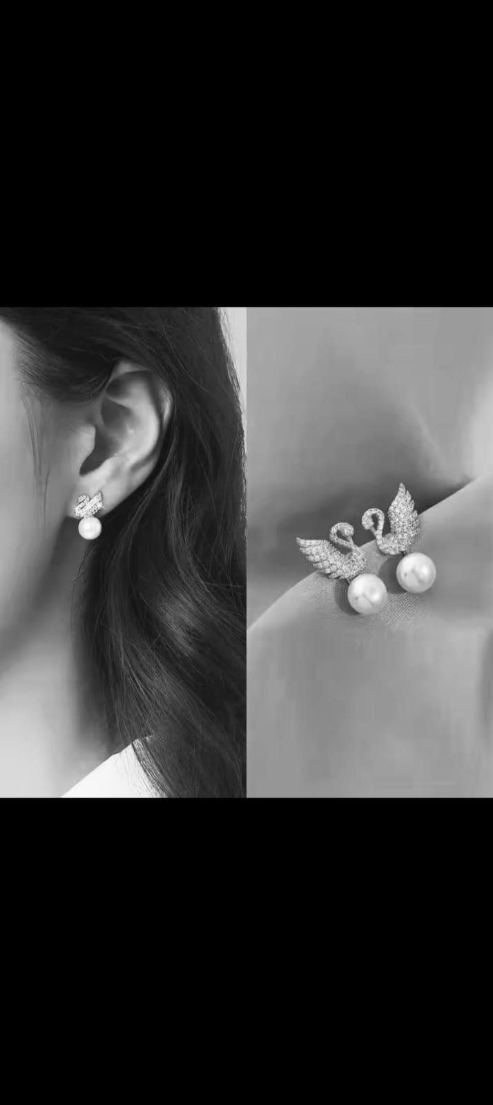 Pave Swan and Pearl Dangle Studs