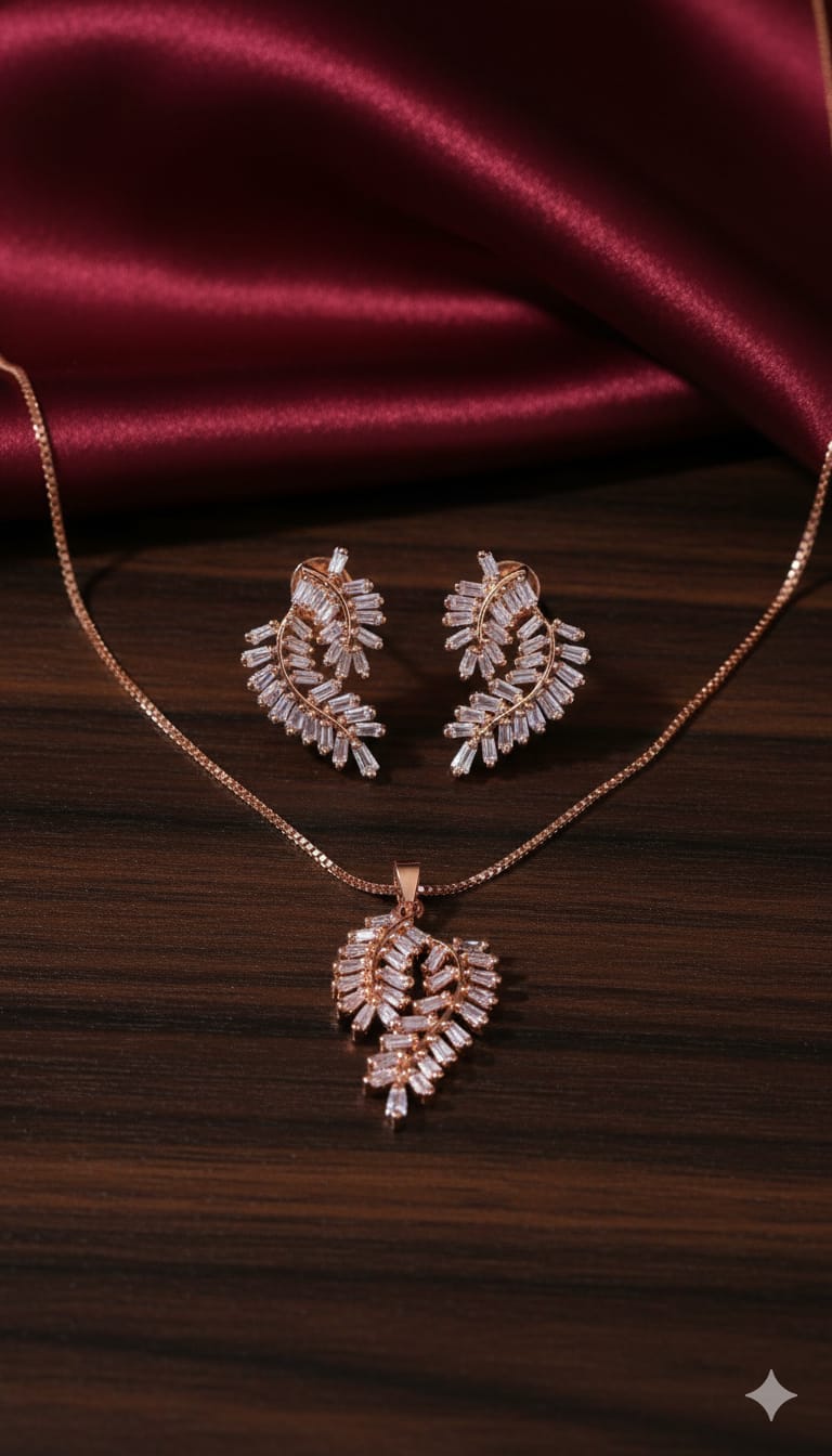 Leaf-Motif Pendant & Earring Set