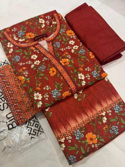 3 piece khadddar Bin Saeed classic maroon floral print