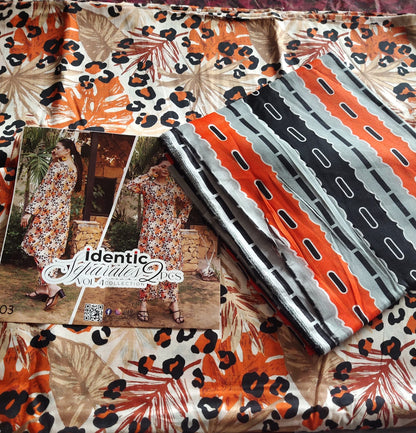 Contemporary Animal & Leaf Print Suit with Bold Striped Dupatta Regalia print 3 piece Lawn stuff